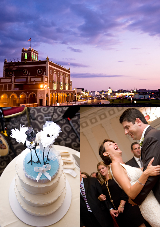 Wedding cake and reception at night