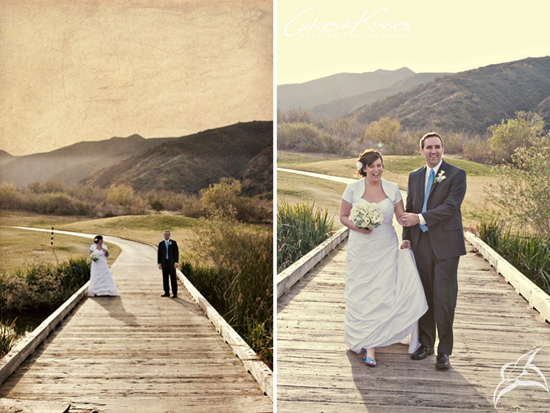 Bride and groom walking on a wooden bridge at their wedding