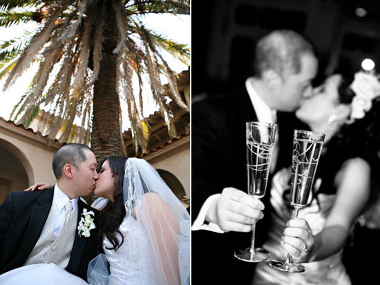 Wedding couple kissing under palm tree black and white photo