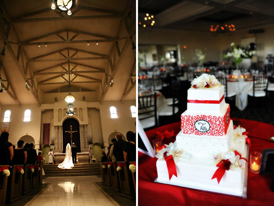 Wedding ceremony in church and reception with tiered cake