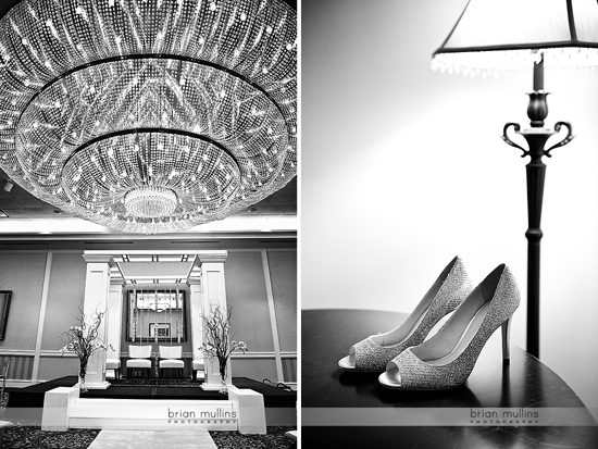 Elegant black and white wedding details with chandelier and heels
