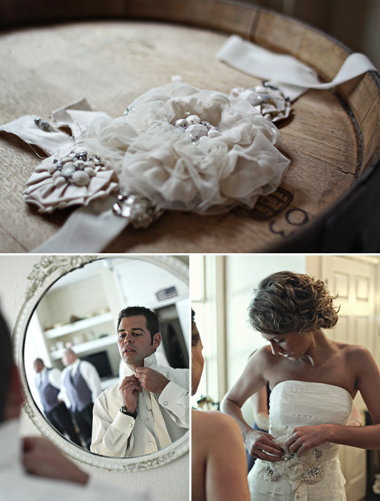 Elegant beaded lace wedding sash on wood