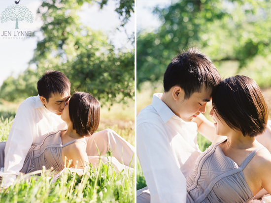 Romantic couple kissing in a sunny field