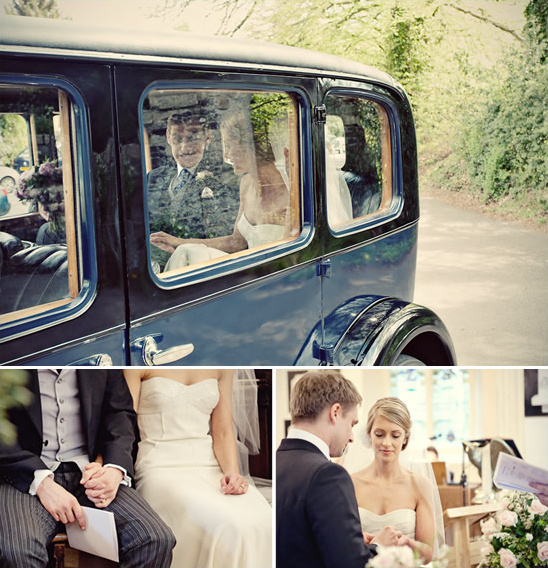 Bride and groom wedding day vintage car and ceremony