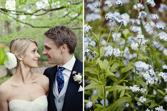 Bride and groom gaze lovingly amid forget me not flowers