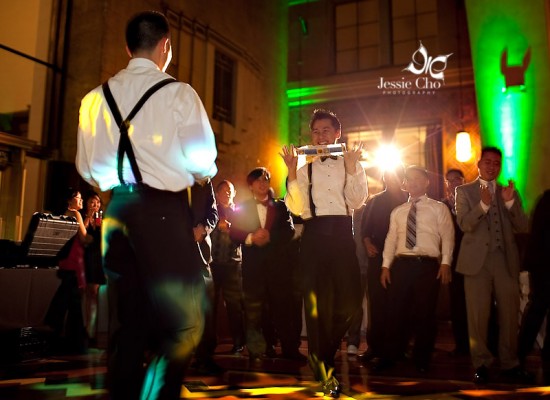 Guests enjoying a lively wedding reception dance