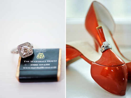 Engagement rings and red shoes, a wedding detail shot