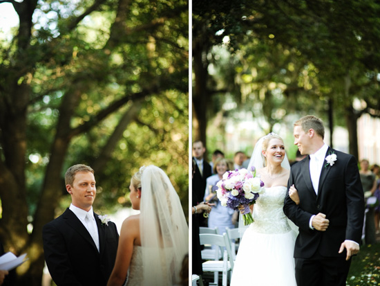 Happy bride and groom walking after outdoor wedding ceremony