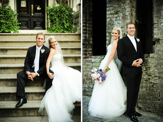 Bride and groom posing together on wedding day in various locations