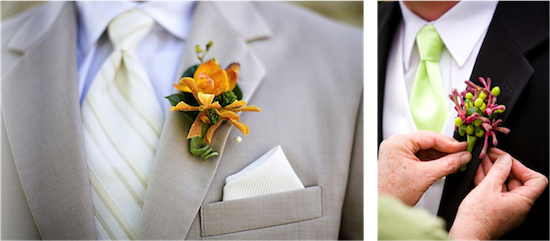 Groomsmen boutonnieres: orange and pink floral accents