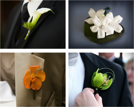 Elegant wedding boutonnieres: Calla lily, jasmine, orchid, and cymbidium