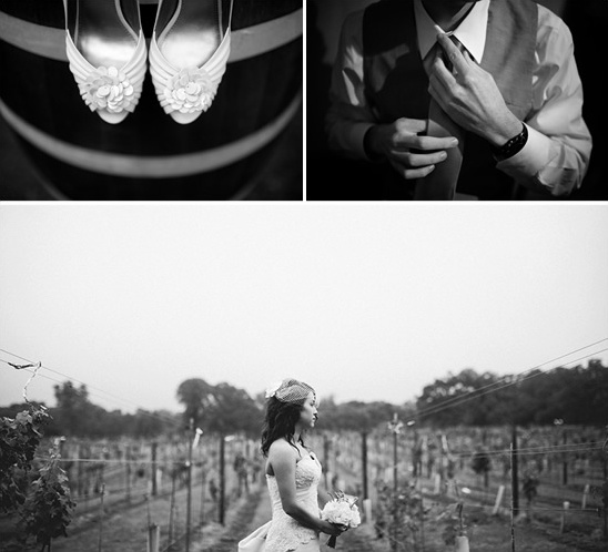 Elegant wedding shoes, groom, bride in vineyard