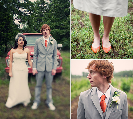 Couple in wedding attire, orange shoes