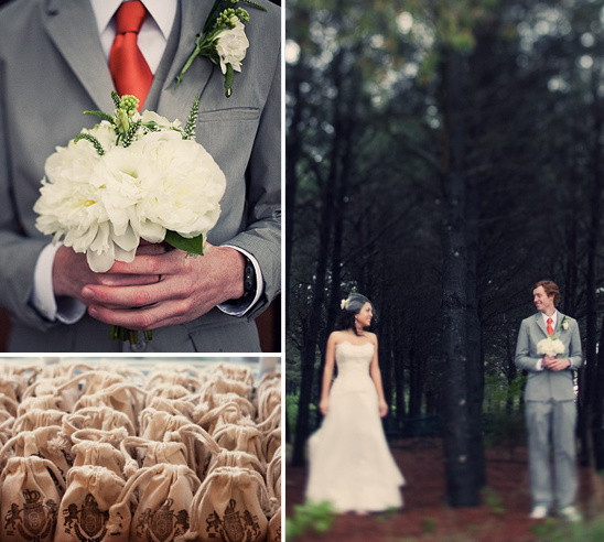 Wedding couple, bouquet, and favors