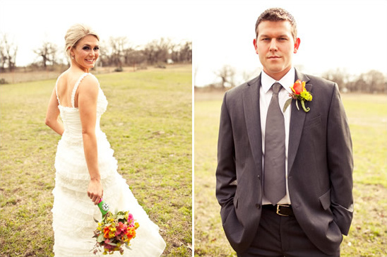 Bride and groom posing on grass field, wedding day