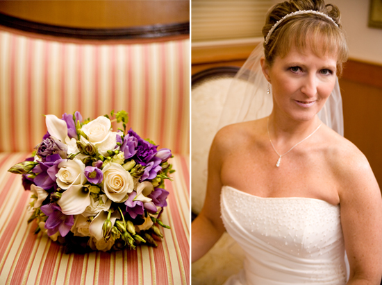 Bridal bouquet of white and purple flowers on chair