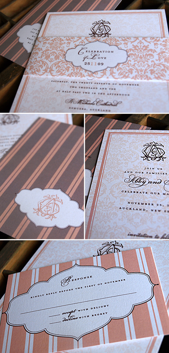 Elegant wedding invitation suite with pink and brown stripes