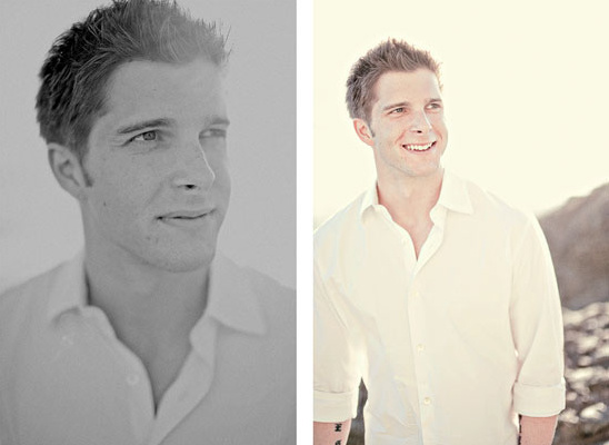 Smiling man in white shirt portrait photo, two different styles