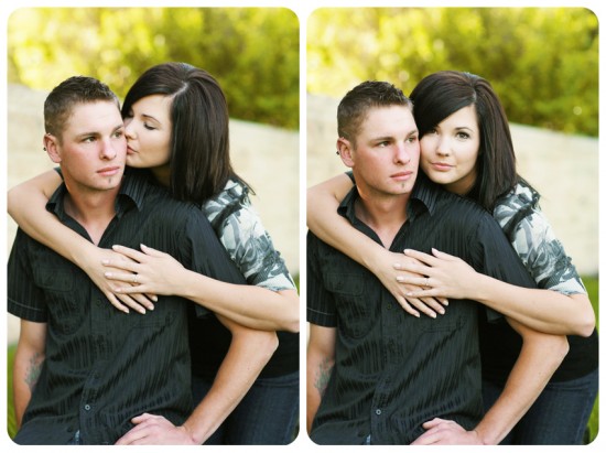 Couple embracing and kissing in a romantic outdoor setting