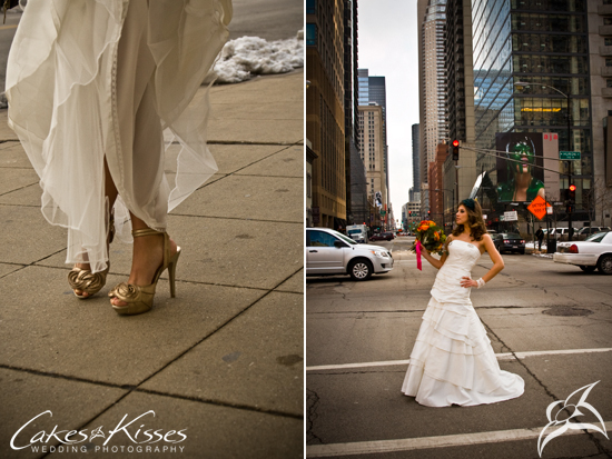 Bride in a wedding dress posing on a busy city street for her wedding day