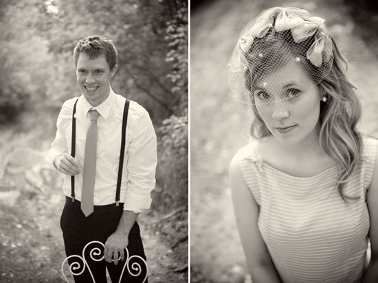 Wedding couple portrait, groom in suspenders and bride in veil