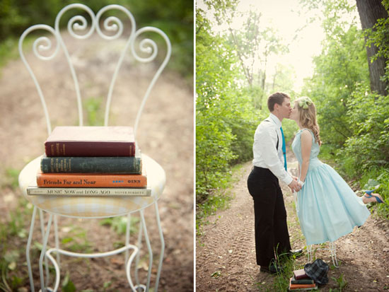 Couple kissing on path near vintage chair with books