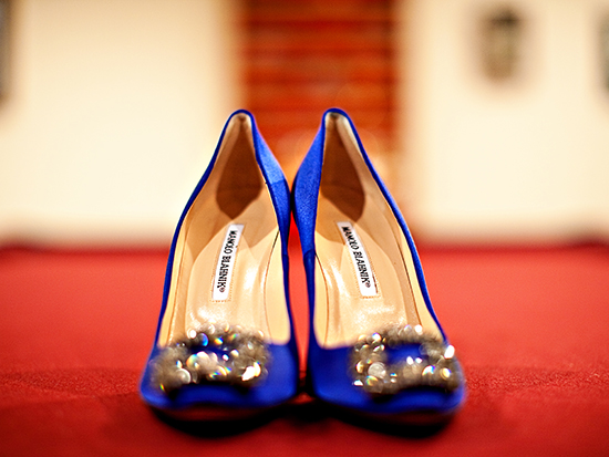 Elegant blue Manolo Blahnik pumps with crystal embellishments