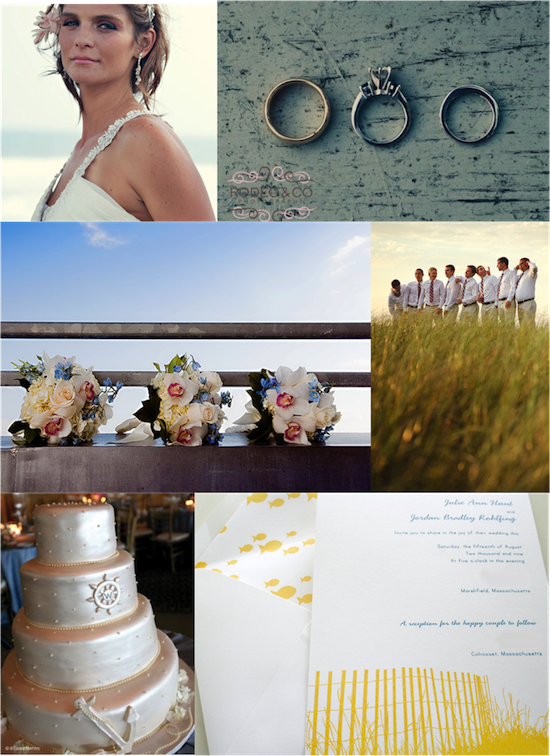 Beach wedding inspiration: bride, rings, flowers, cake, invites