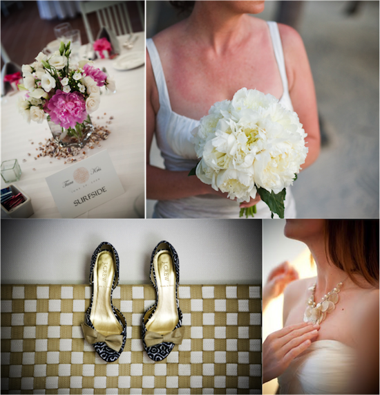 Beach wedding details: flowers, shoes, bride's bouquet