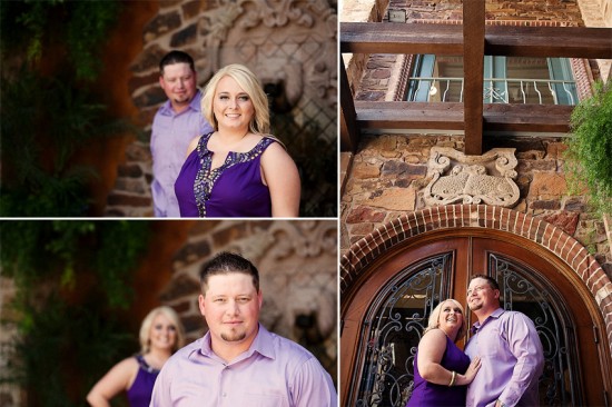 Happy couple in purple attire, posing near stone building