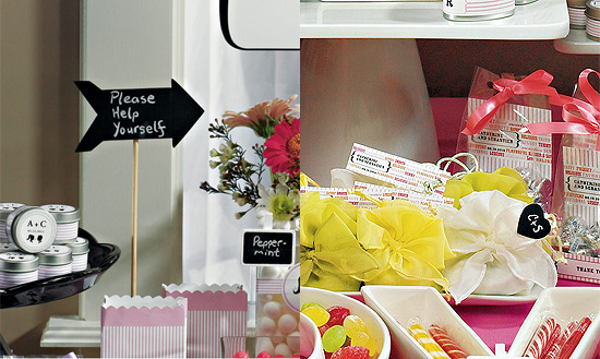 Candy buffet with help-yourself sign and favors