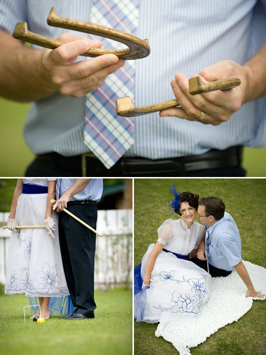 Horseshoe game and croquet with a couple on their wedding day