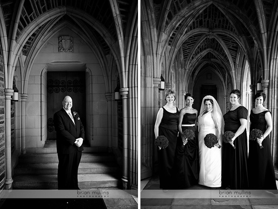 Wedding photos in a Gothic church corridor with a bride and groom