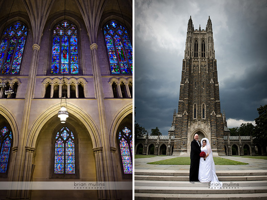 Wedding couple in front of a majestic church with stained-glass windows