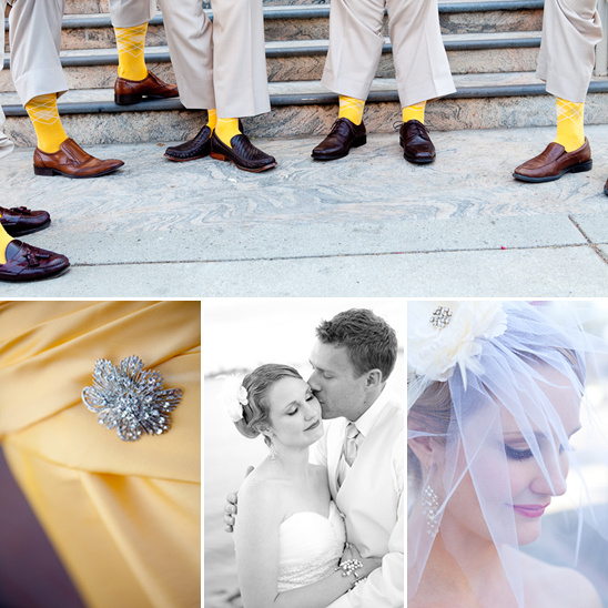 Stylish wedding day details with groomsmen and a happy couple