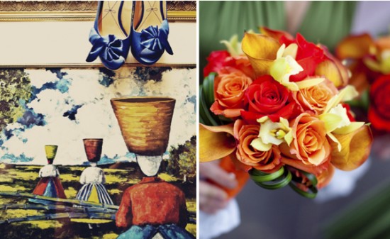 Colorful flowers, painting with figures, and blue shoes with bows