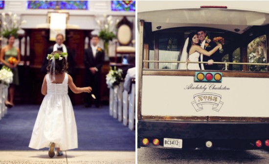 Wedding day flower girl and happy couple in a trolley car