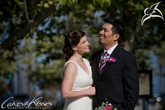 Happy couple on their wedding day, smiles and love