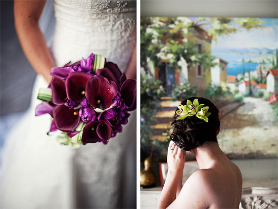 Bridal purple bouquet and bridal hair flower piece orchid