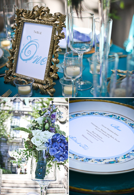 Elegant turquoise wedding table setting with flowers and menu