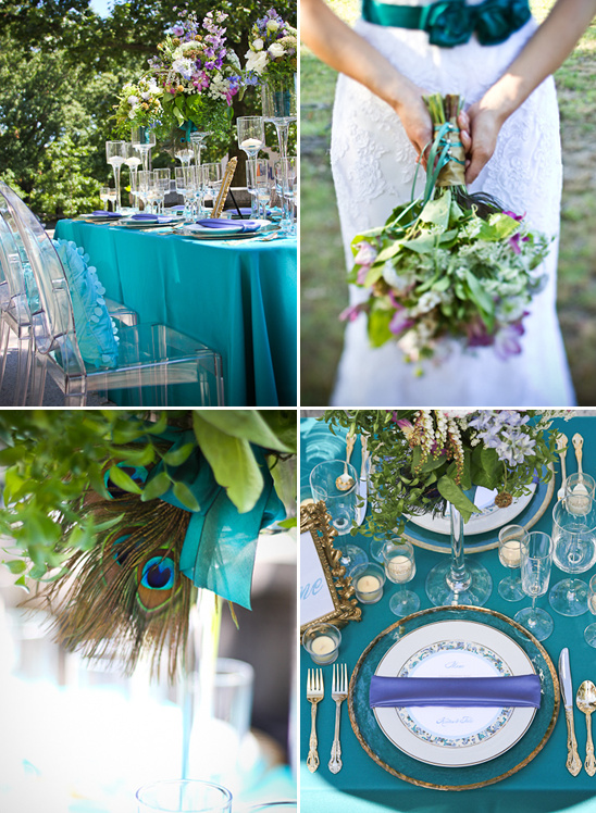 Turquoise wedding decor with peacock feathers and flowers