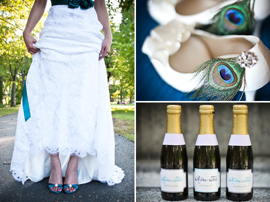 Teal wedding details: dress, shoes, and mini champagne bottles