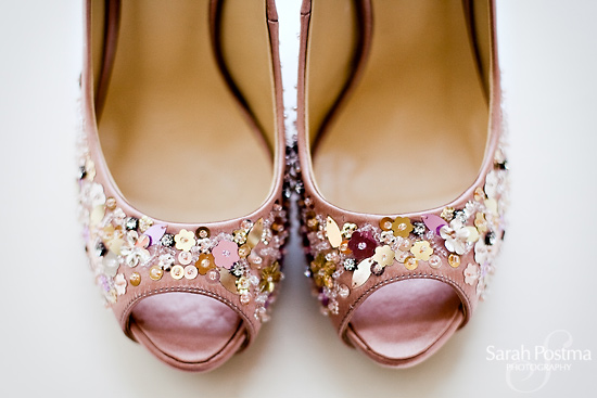 Pink embellished peep-toe heels for wedding
