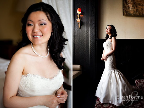 Bride in elegant wedding dress, getting ready