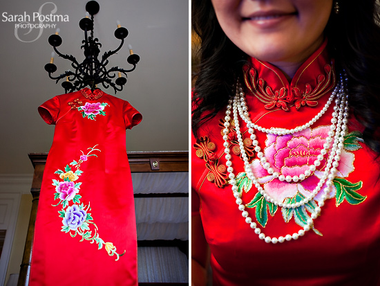 Red embroidered Chinese wedding dress with pearls