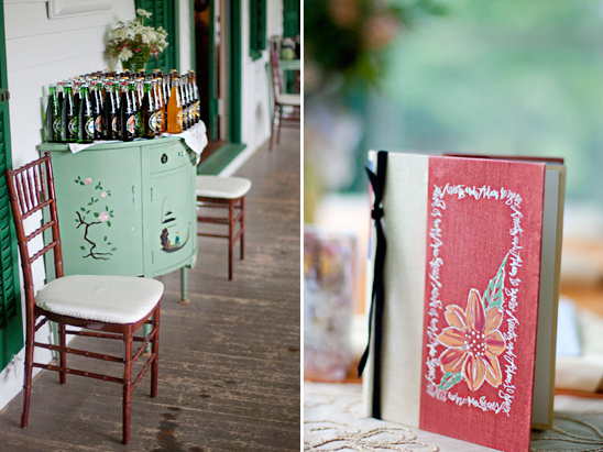 Rustic wedding decor with beer and floral invitations