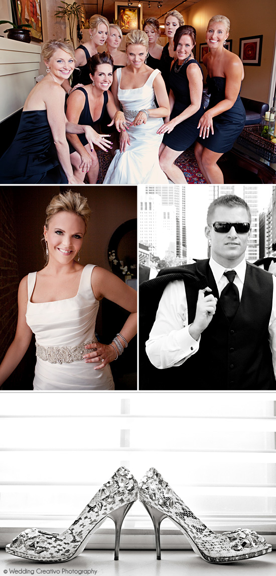 Bride, bridesmaids, groom, wedding shoes