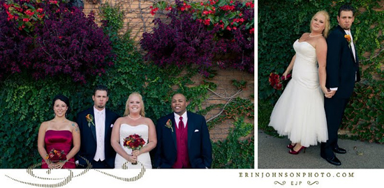 Wedding party and couple posing outdoors