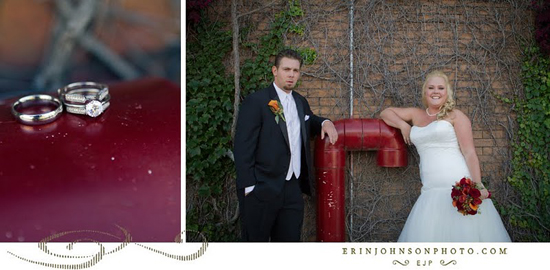 Happy couple wedding photo brick wall