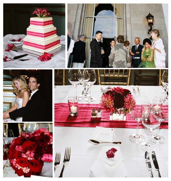 Elegant wedding reception details: cake, couple, flowers, table setting